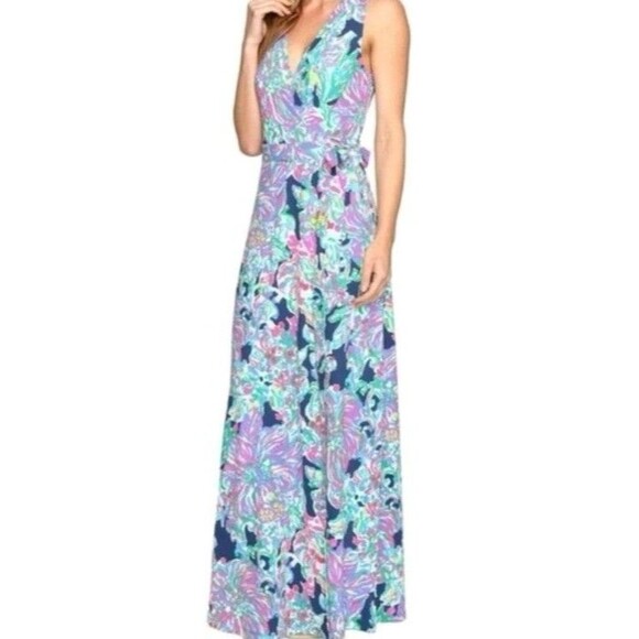 Lilly Pulitzer Delfina Maxi Wrap Dress Size L Rayon Sleeveless - Picture 3 of 6